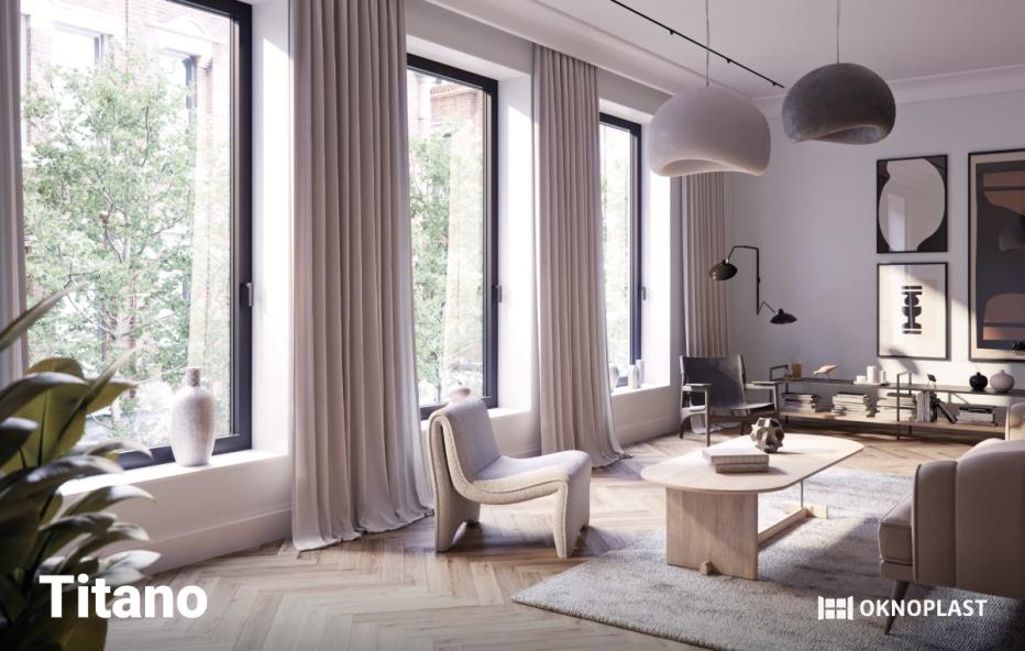 Salotto elegante con grandi finestre, arredi moderni e luce naturale abbondante.