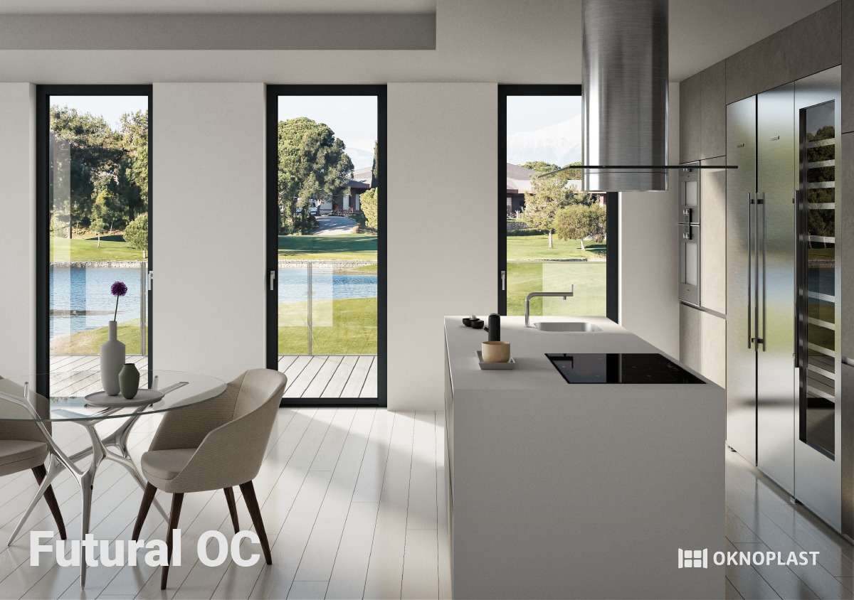 Cucina moderna con vista panoramica, ampie vetrate e arredi eleganti.