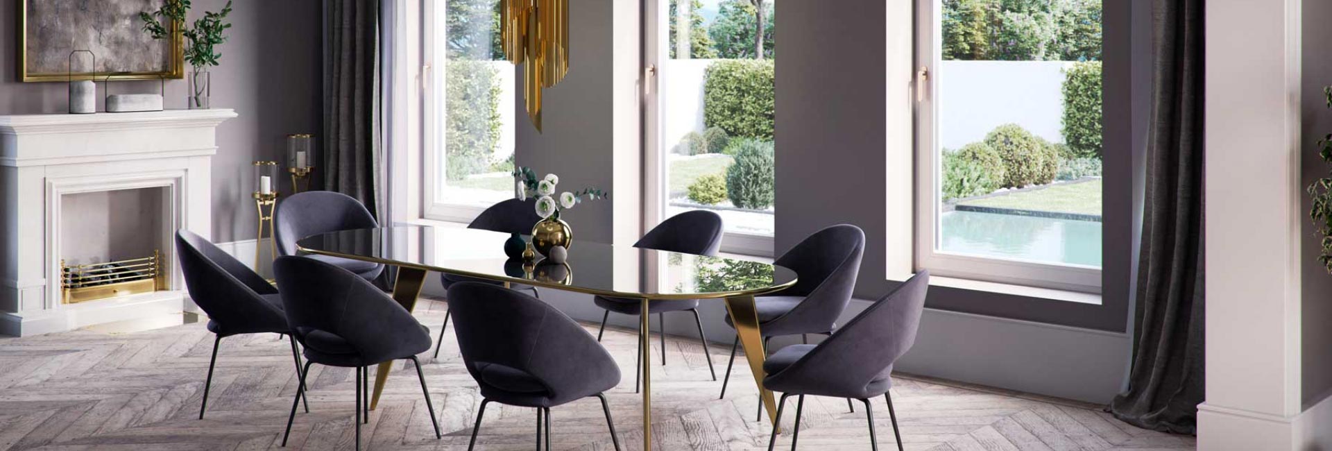 Sala da pranzo elegante con tavolo nero, sedie scure e camino bianco.